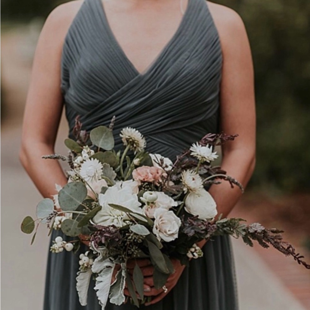 BHLDN Slate Grey Pleated V-Neck Midi Dress